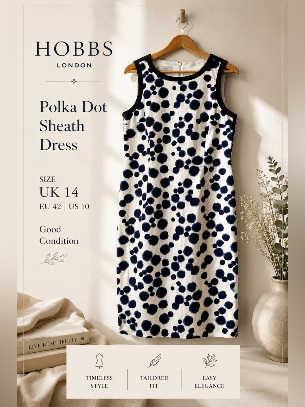 HOBBS London Polka Dot Sheath Dress White Navy  US 10
